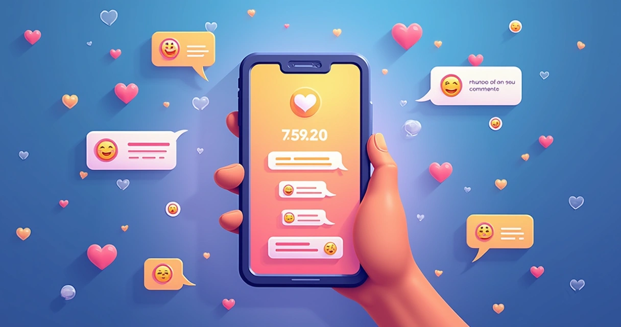Ilustração de smartphone mostrando interações do Instagram com mãos e balões de fala, simbolizando engajamento.