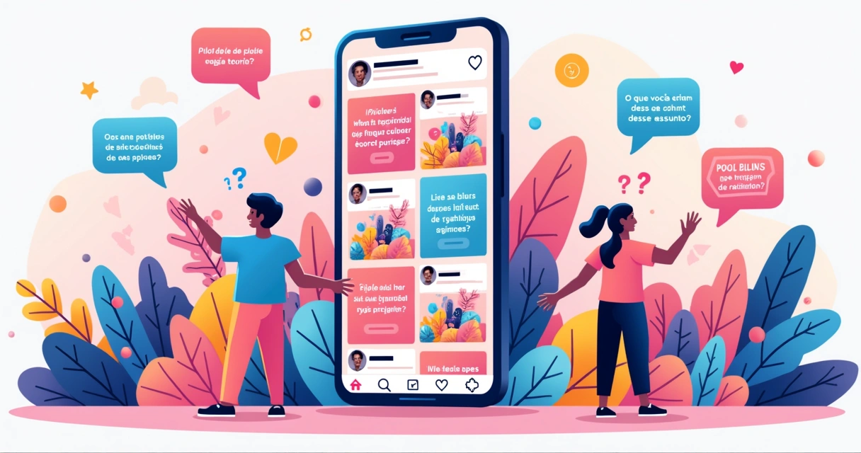 Ilustração de um smartphone com postagens do Instagram e elementos de interação social em cores vibrantes.