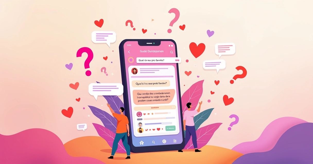 O que postar no Instagram? 10 ideias de conteúdo que funcionam em qualquer nicho 3 Ilustração de interação no Instagram com perguntas para seguidores, smartphone e emojis interativos.