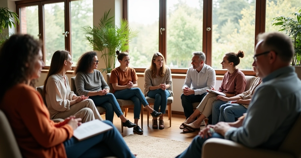 Grupo diverso de pessoas em uma discussão em círculo, demonstrando colaboração. 