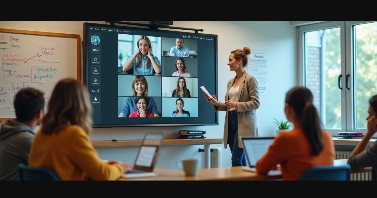 Professora interagindo virtualmente com alunos pelo LMS 