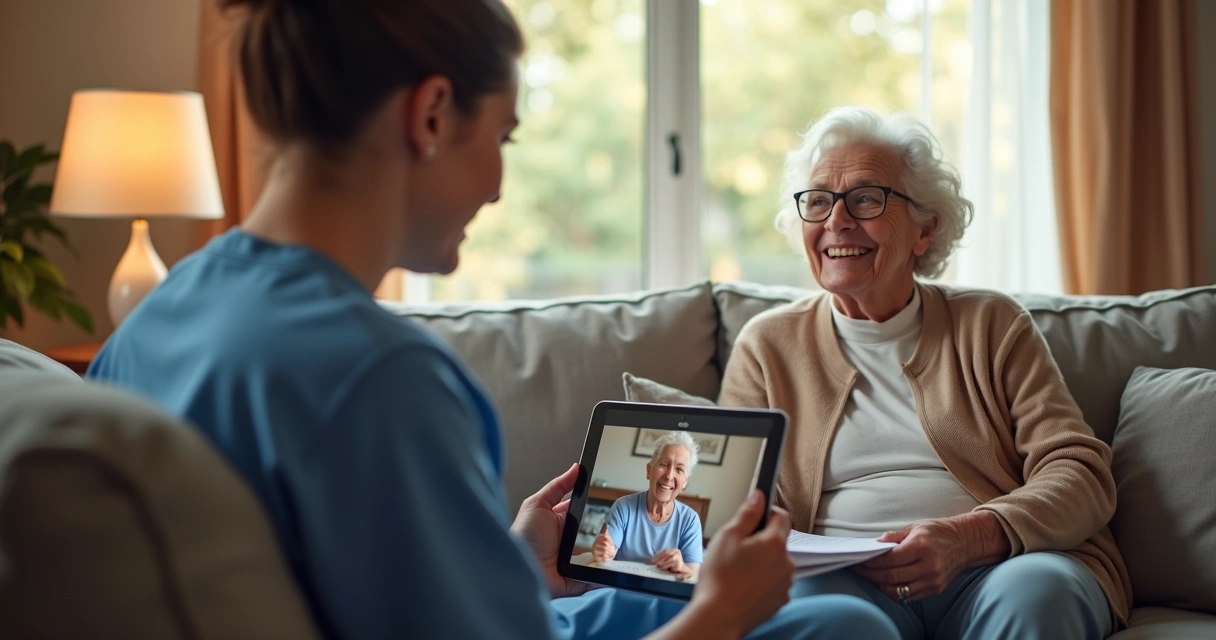 Enfermeira digital conversa com paciente idoso por vídeo, tablet na mão, ambiente caseiro, detalhes realistas de conexão e cuidado 