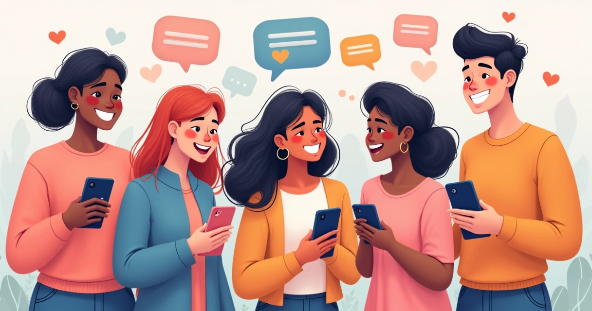 Grupo de pessoas interagindo alegremente em redes sociais, com dispositivos móveis e expressões positivas.