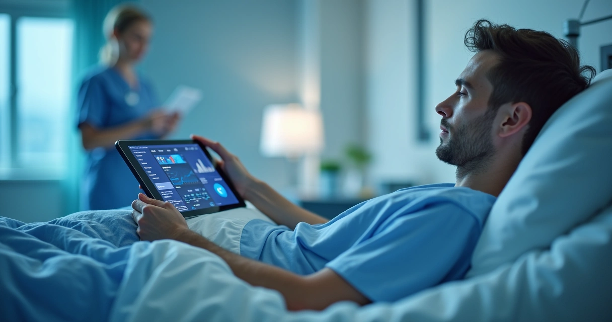 Paciente interagindo com tablet em leito de hospital, tela mostrando painel de saúde digital 