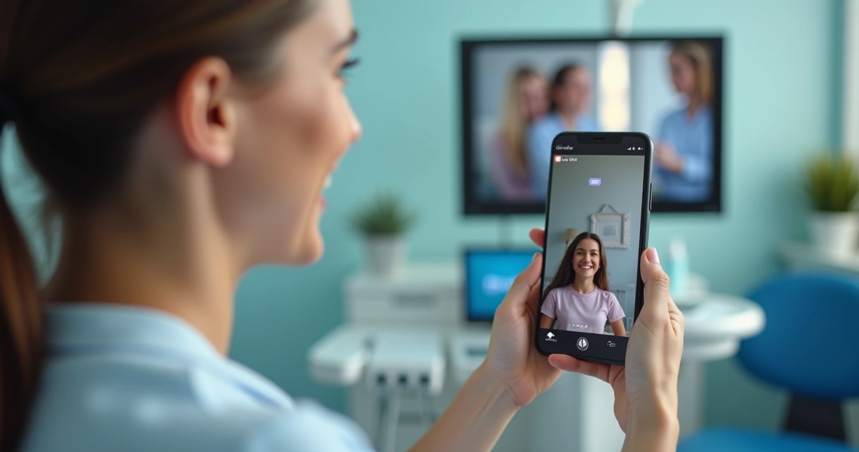 Paciente sorrindo ao assistir vídeo de bastidores em celular 