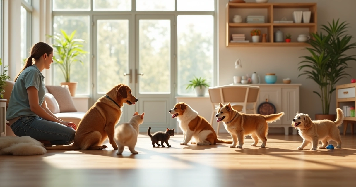 Pet brincando com outros animais em área comum de hotel para pets, com cuidador atento