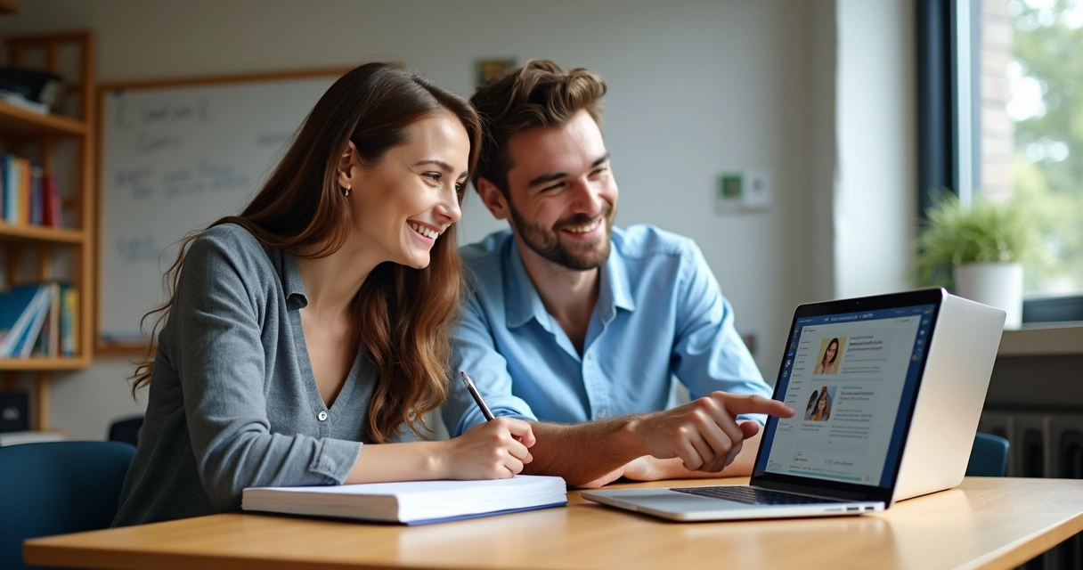 Professor com notebook ao lado de aluno, ambos em sala, mostrando tela com ChatGPT aberto 