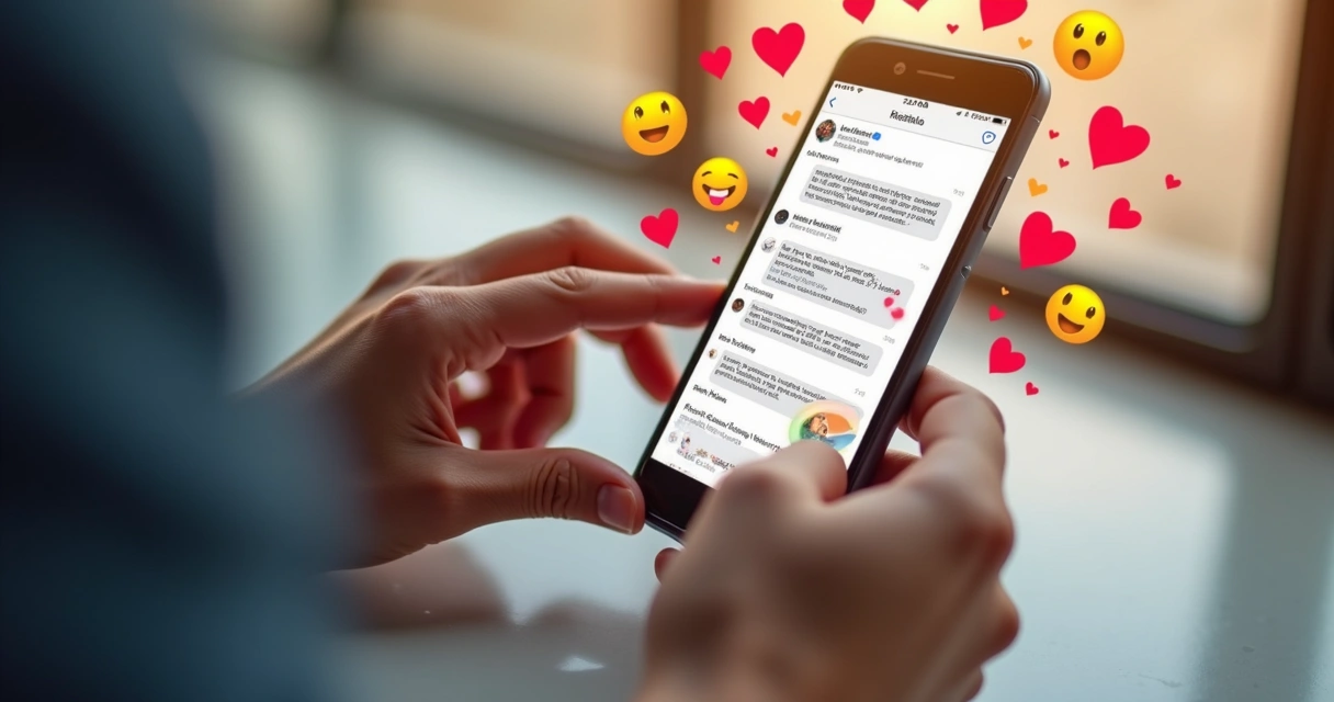 Pessoa respondendo comentários em celular, emojis de engajamento nas redes. 