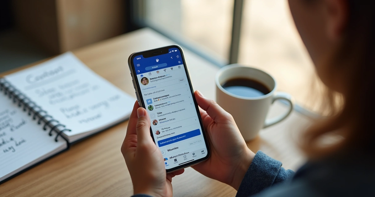 Pessoa gerenciando engajamento real em página do Facebook no celular 