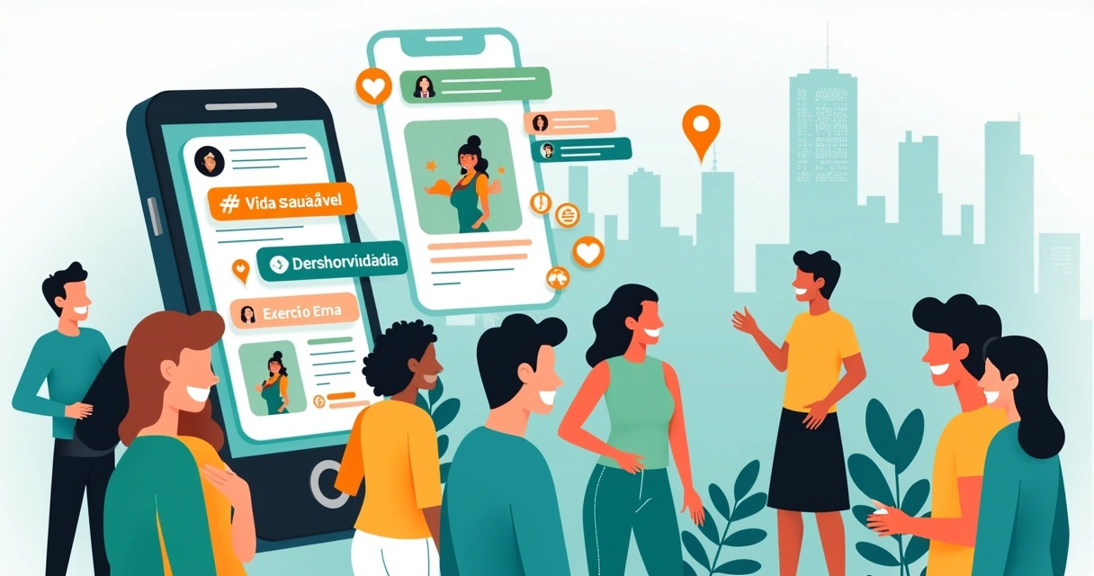 Interação em redes sociais com smartphone, hashtags e skyline de cidade ao fundo.