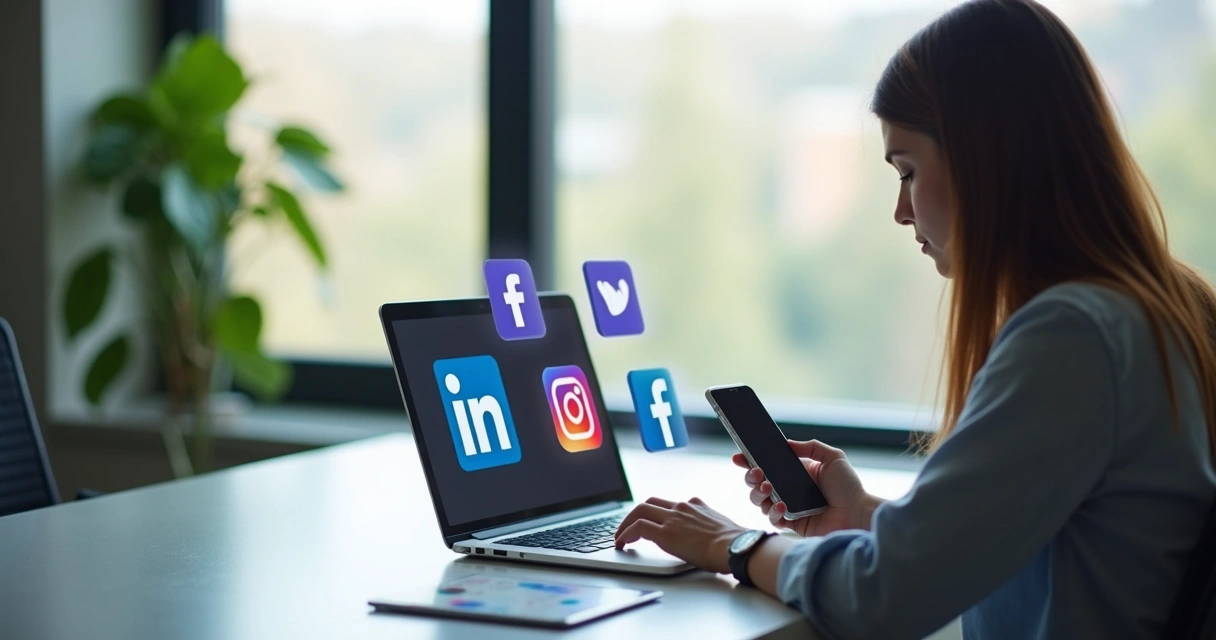 Profissional interagindo com clientes em diferentes redes sociais. 