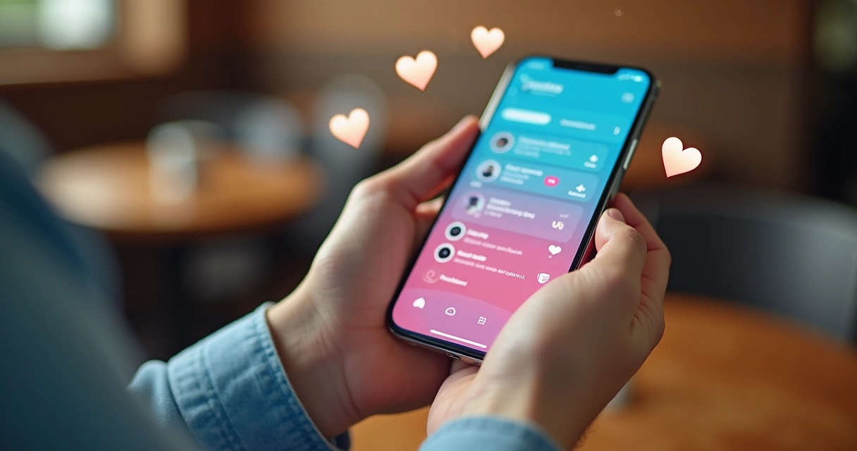 Mãos segurando smartphone com tela de rede social ativa. 