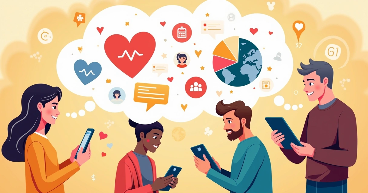 Ilustração de pessoas interagindo com mídias sociais, analisando características do público, com gráficos e corações.