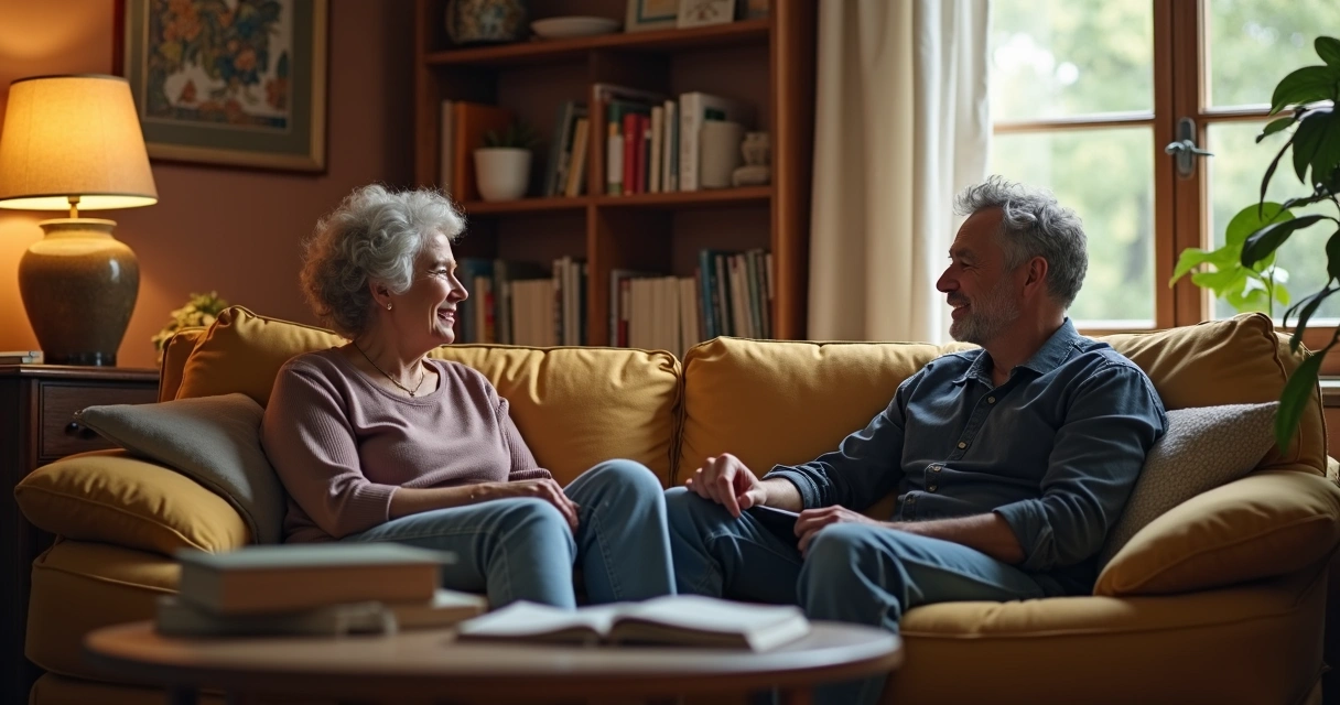 Duas pessoas conversando sentadas em ambiente confortável 