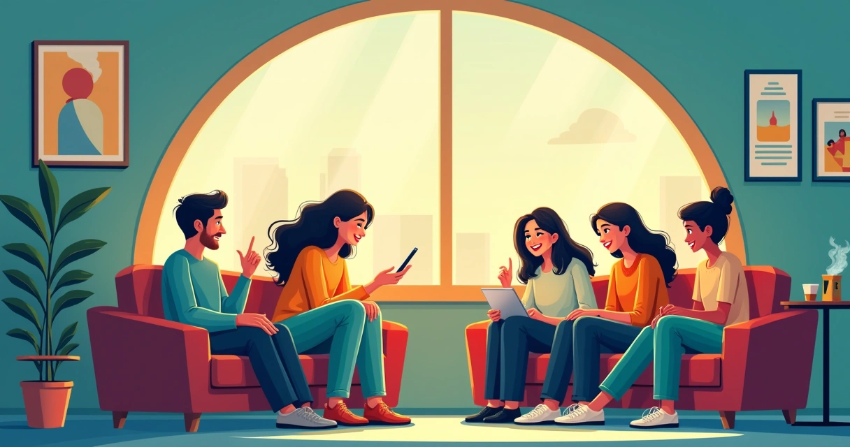 Grupo de pessoas interagindo em uma sala acolhedora, simbolizando engajamento verdadeiro nas redes sociais.