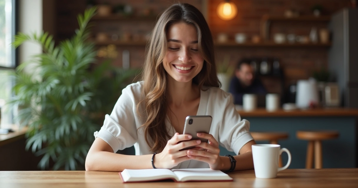 Pessoa sorridente respondendo comentários no celular 