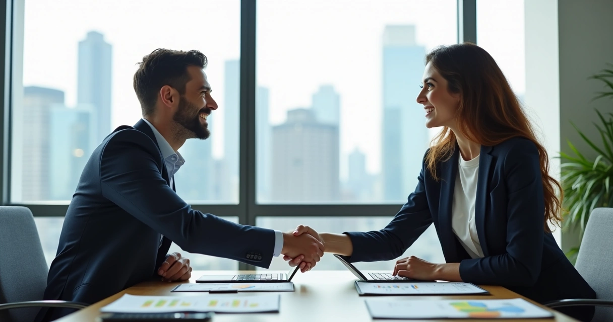 Influenciador e representante de marca apertando as mãos após uma reunião 