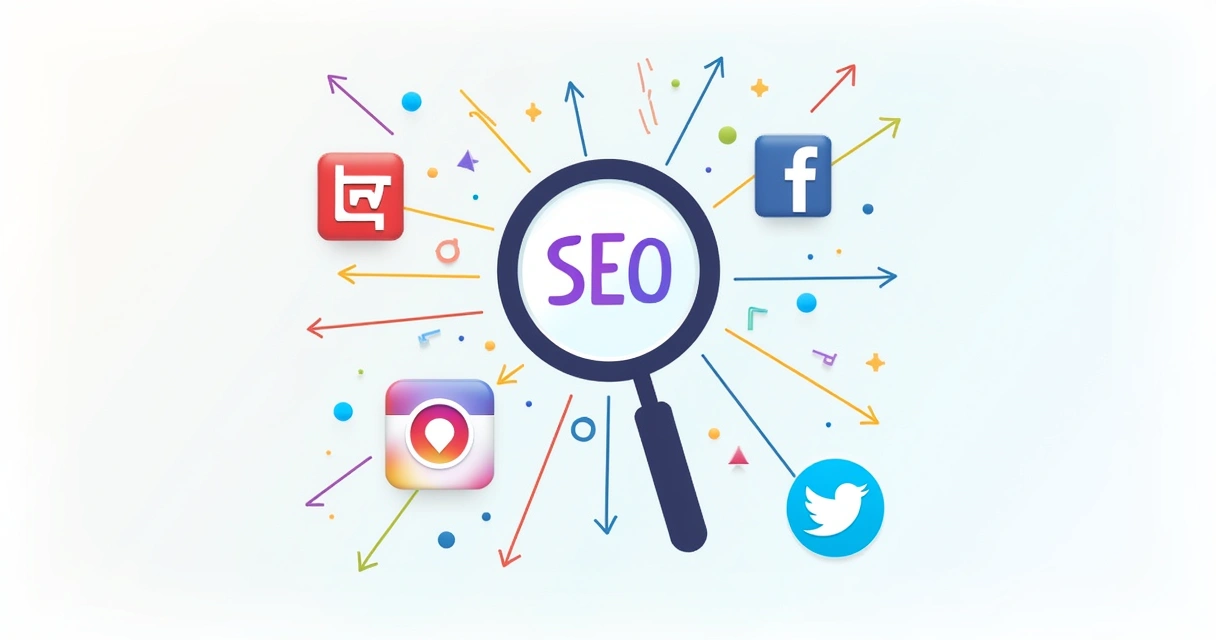 Ícones de SEO, mídias sociais e blog conectados com setas 