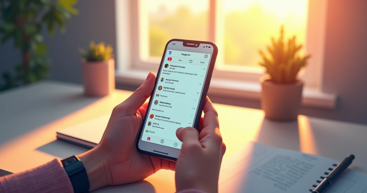 Mãos segurando smartphone mostrando tela de Instagram com notificações