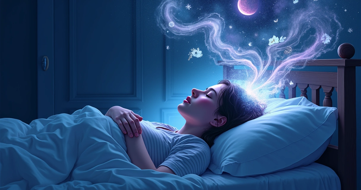Pessoa deitada com olhos fechados cercada por ilustrações de pensamentos e imagens etéreas 