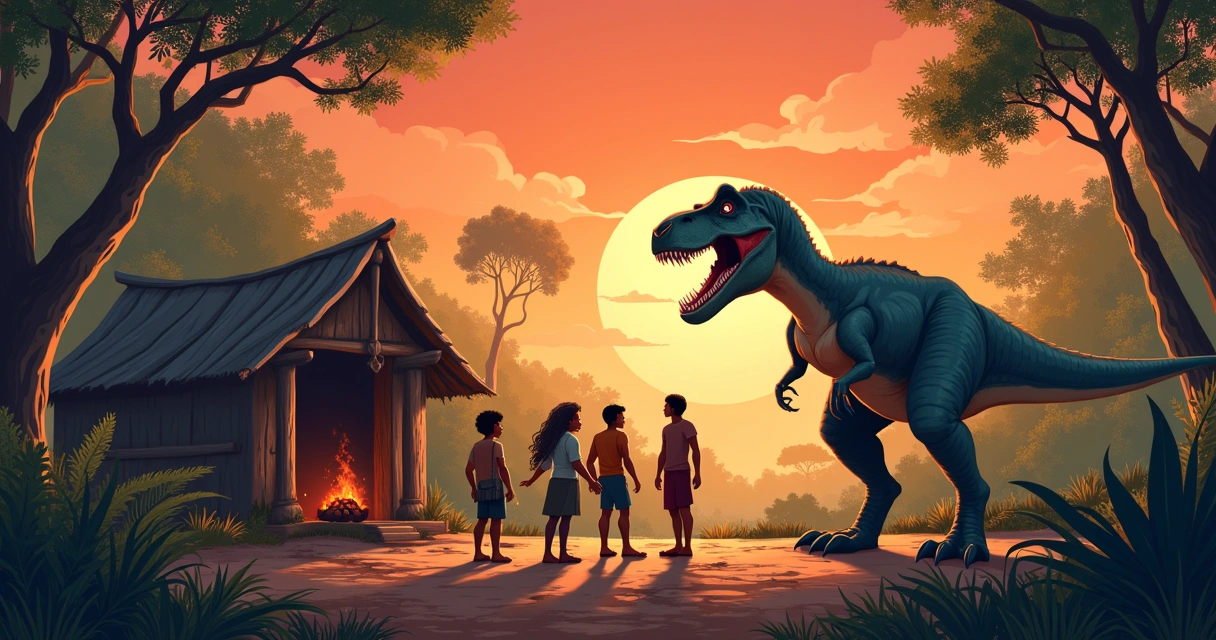 T-Rex amigável interagindo com humanos em uma floresta densa sob um pôr do sol dramático.