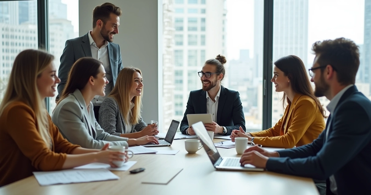 Equipe de estagiários em reunião informal com supervisores ao redor de uma mesa 