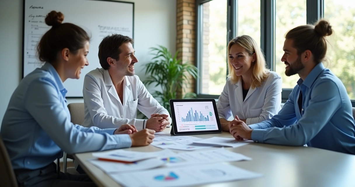 Equipe de clínica de reabilitação analisando relatórios financeiros 