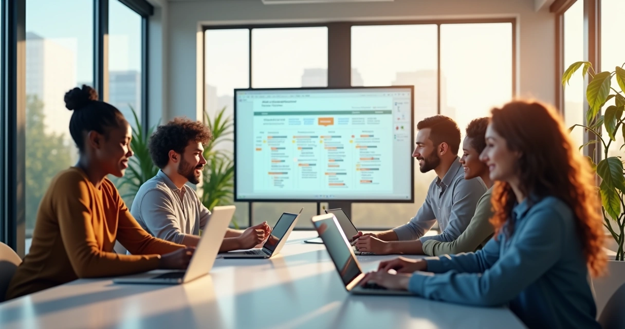 Equipe em reunião usando tablets e computadores 