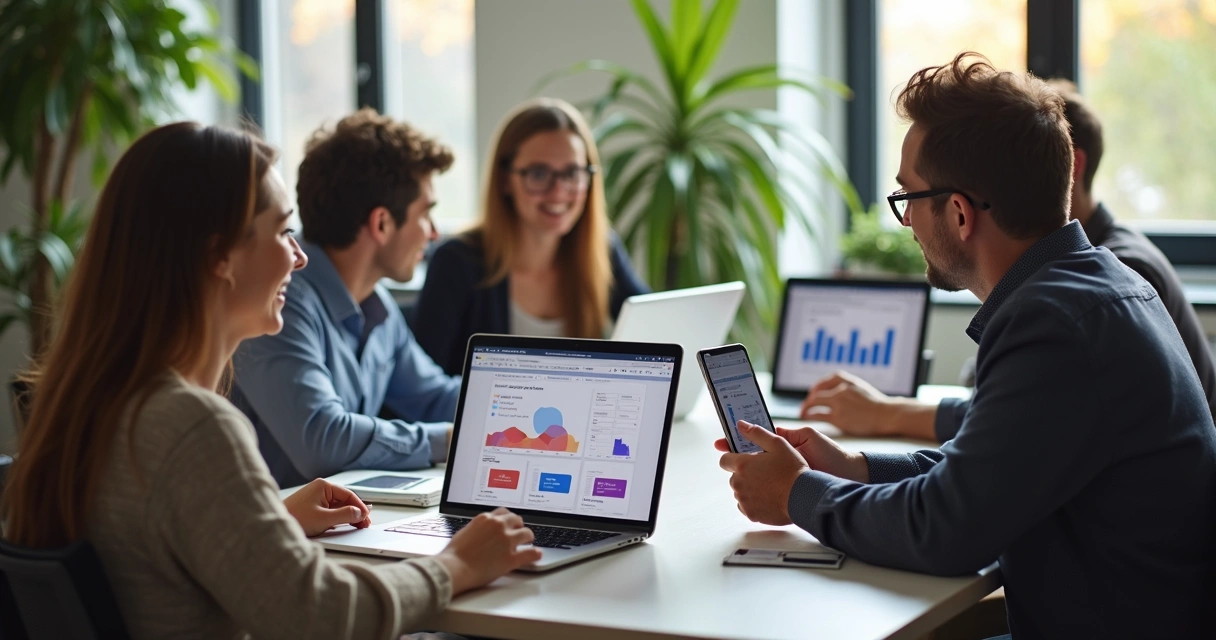 Usuários diferentes analisando feedbacks em computadores e celulares, com gráficos na tela e ambiente corporativo casual 
