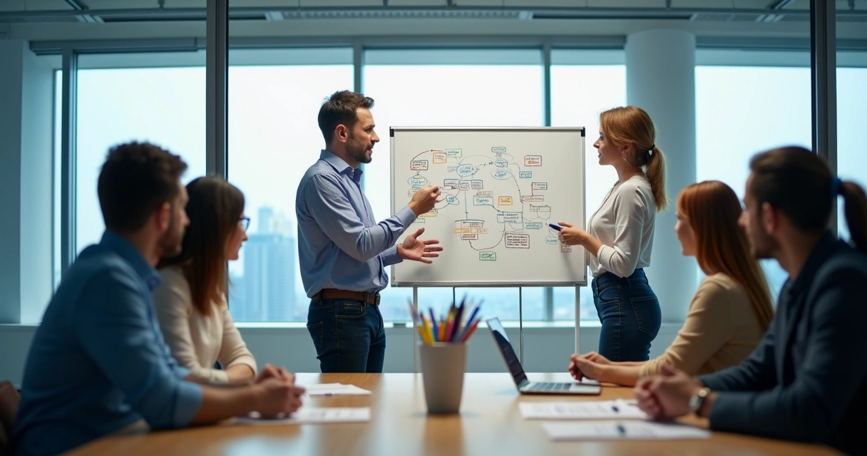 Equipe de vendas e marketing unidas discutindo frente ao quadro branco 