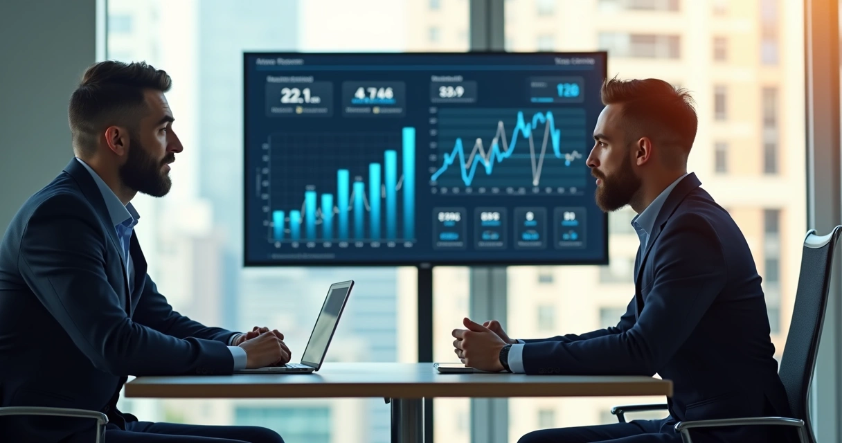 Vendedor e cliente interagindo diante de dashboard de métricas 