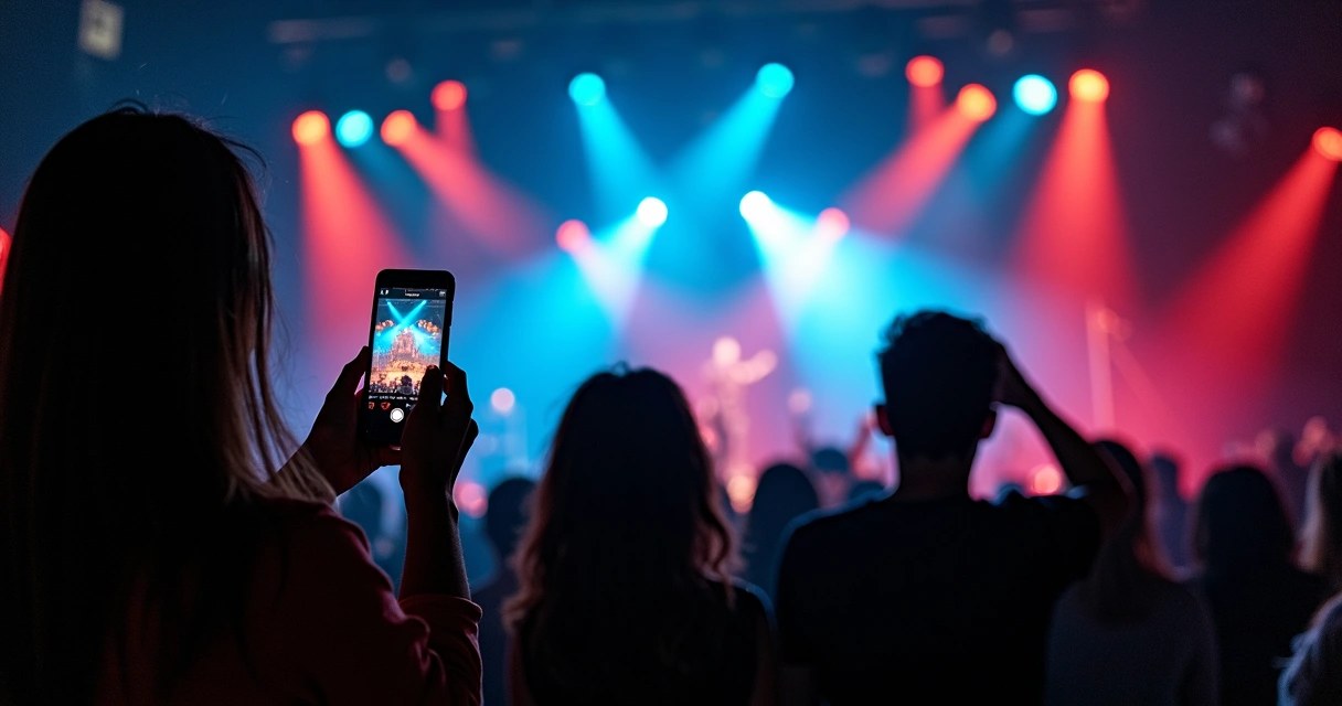 Pessoas usando smartphones com aplicativos de interação ao vivo em evento cultural ao ar livre à noite 