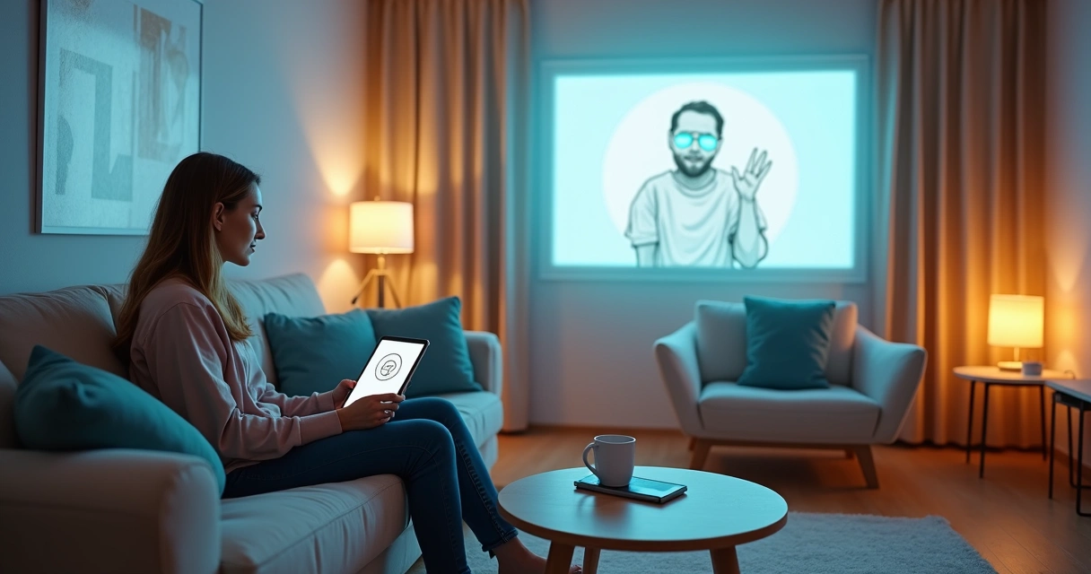 Mulher usando comando de voz para IA enquanto gera imagem em um tablet 