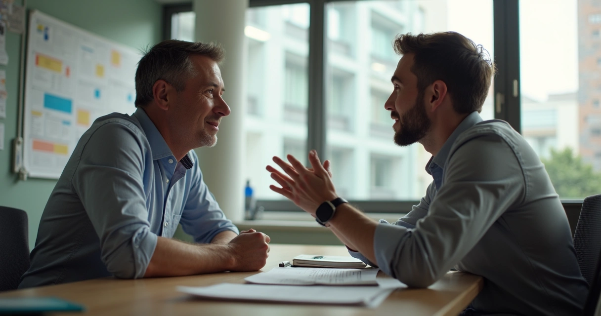 Dos personas dialogando de manera empática en una oficina, mostrando colaboración y escucha activa
