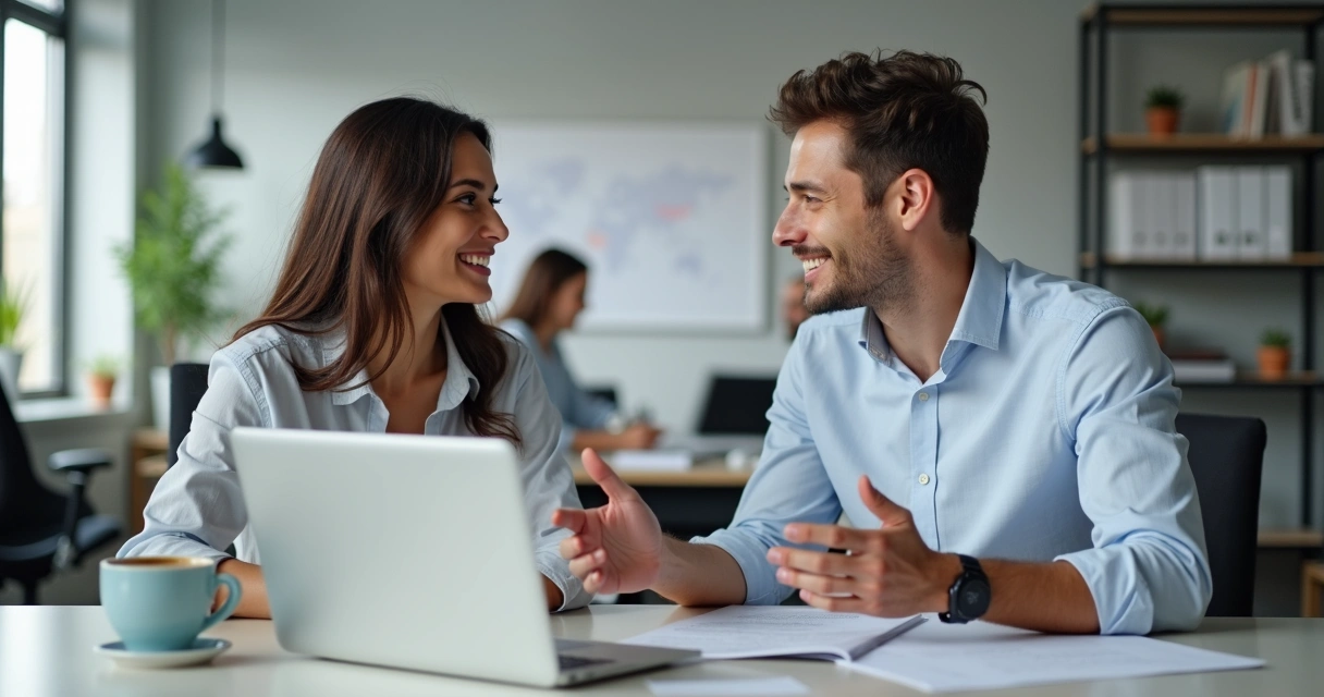 Dos colegas de culturas distintas conversando y sonriendo en el trabajo 