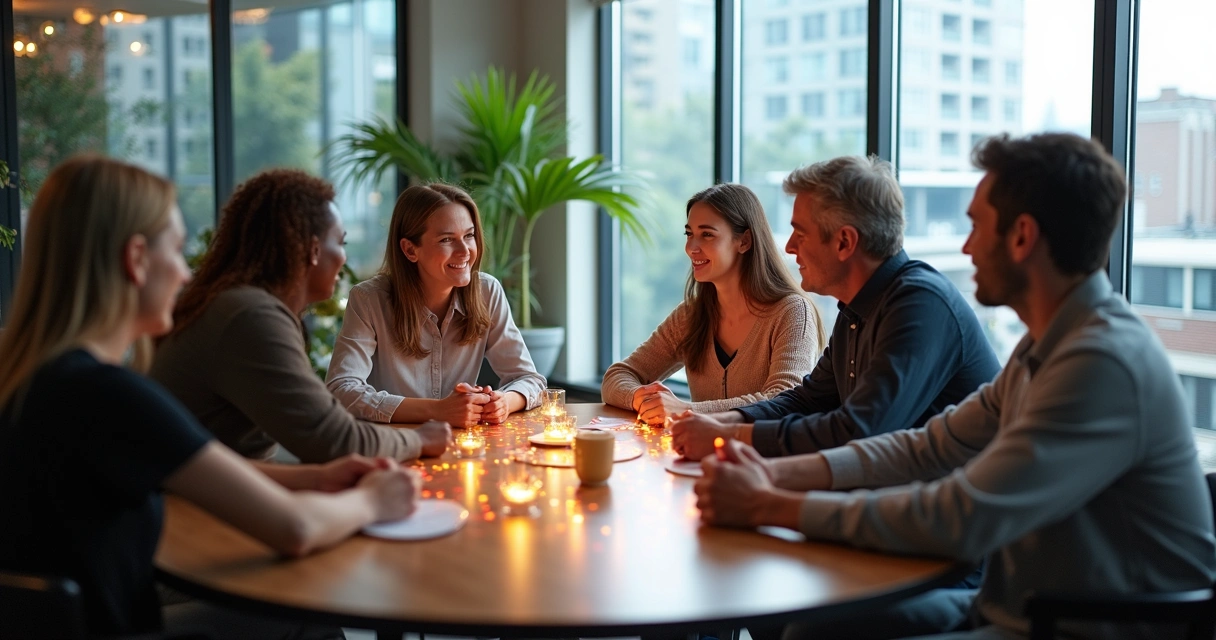 Grupo de personas dialogando y conectando diferentes perspectivas éticas en un entorno moderno 