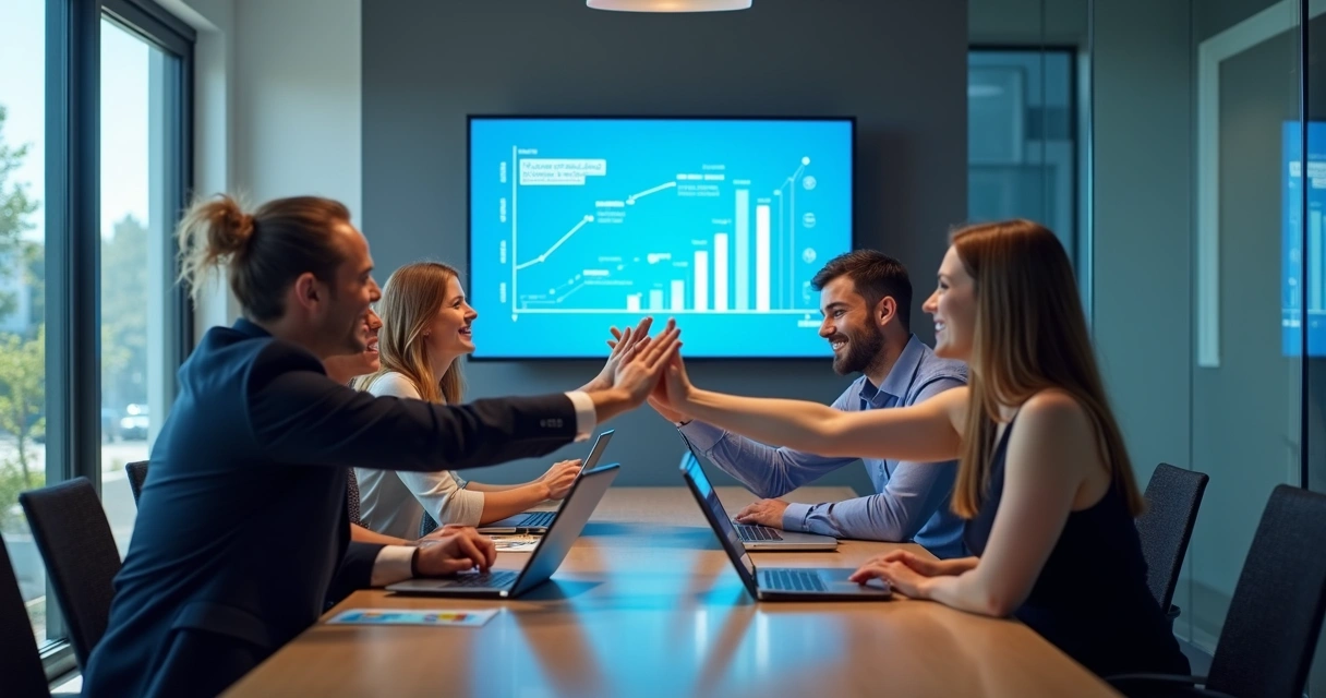 Mãos de profissionais de negócios comemorando em uma sala de reunião, computadores e gráficos ao fundo. 
