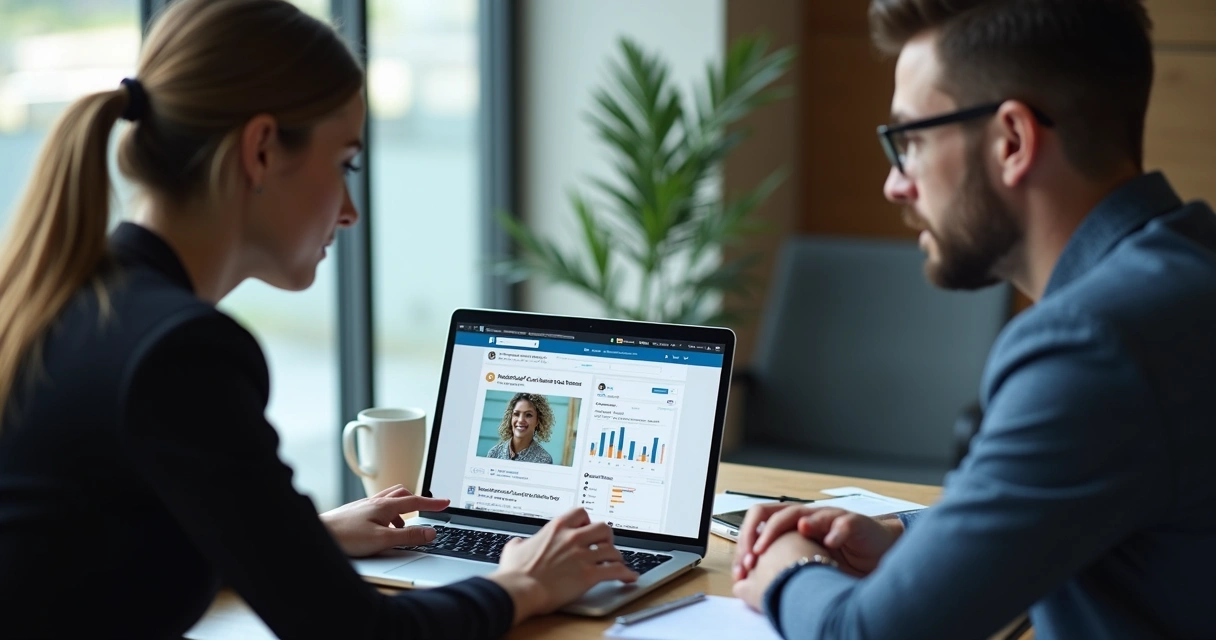 Profissionais interagindo em uma publicação do LinkedIn na tela de um notebook, com gráficos de engajamento ao lado 