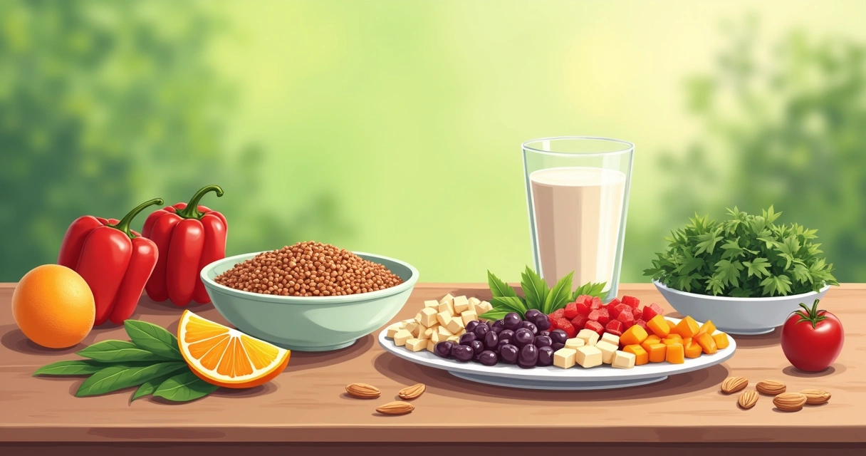 Reflections of a balanced vegan meal with lentils, orange, tofu, and almonds representing nutritional interactions.