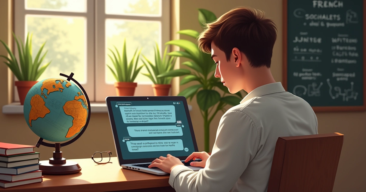 Person studying with AI on a laptop in a cozy study with books and sunlight.