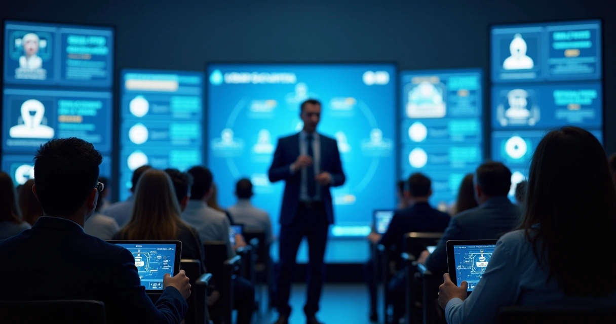Speaker leading an interactive security demo onstage with audience members participating via digital tablets 