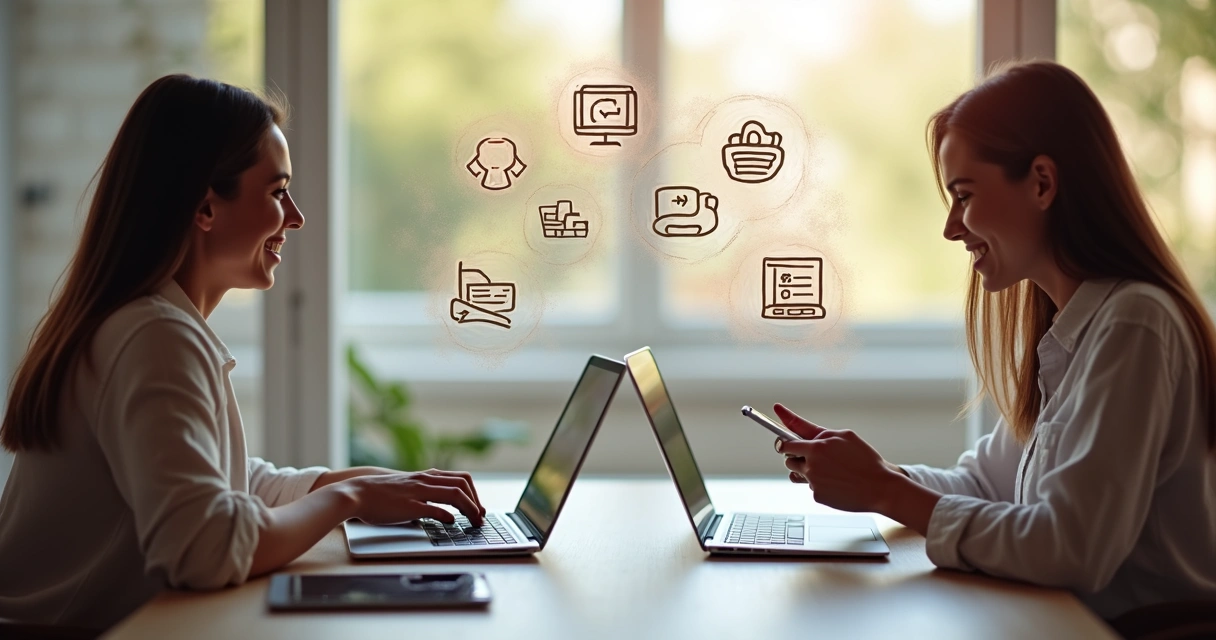 Personas intercambiando objetos y servicios a través de dispositivos digitales 