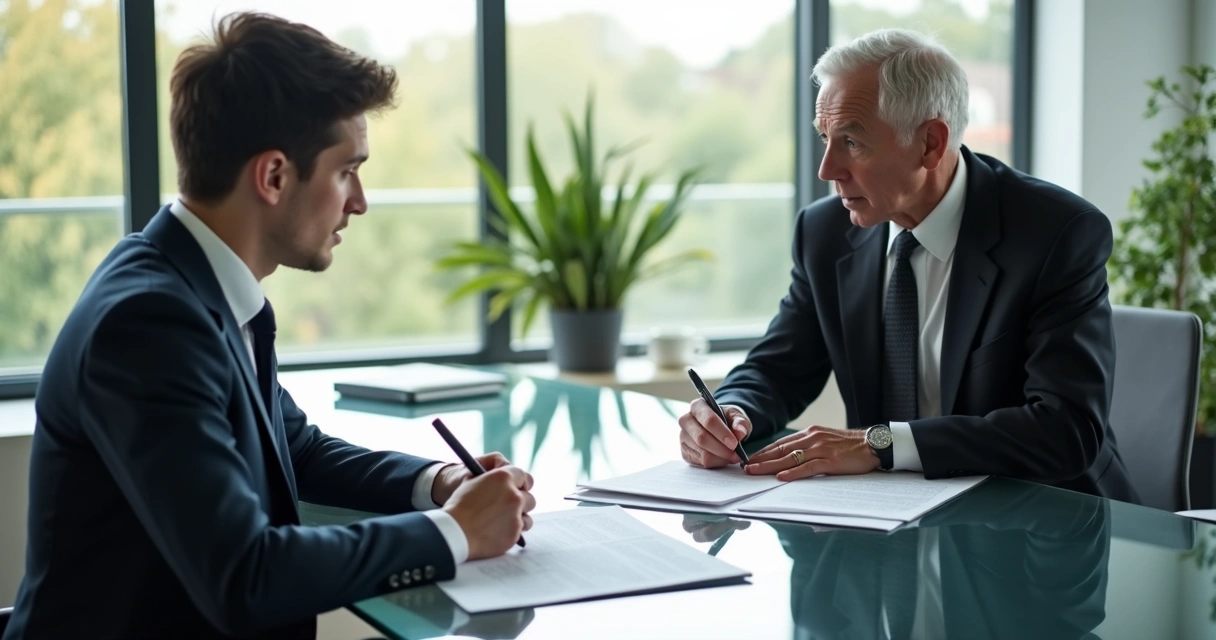 Entrevista entre estudante e orientador sentados à mesa com papéis