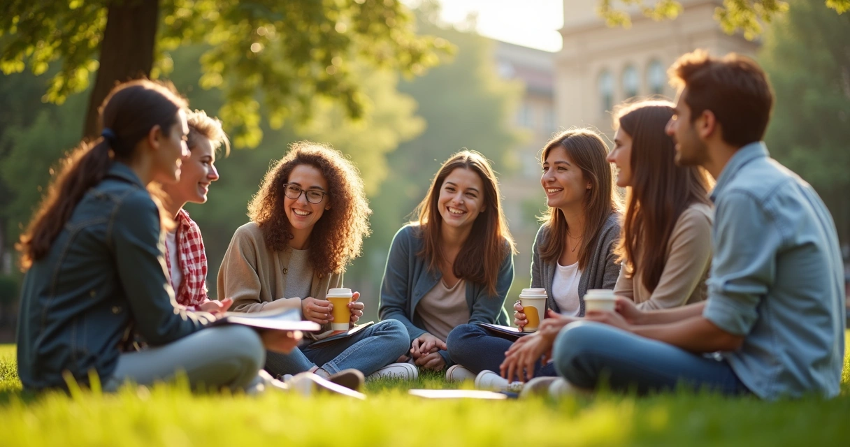 Jovens de países diferentes em roda, conversando e sorrindo 