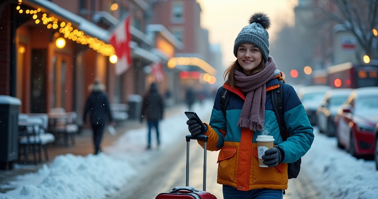 Estudante em rua nevada no Canadá segurando mala e xícara quente 