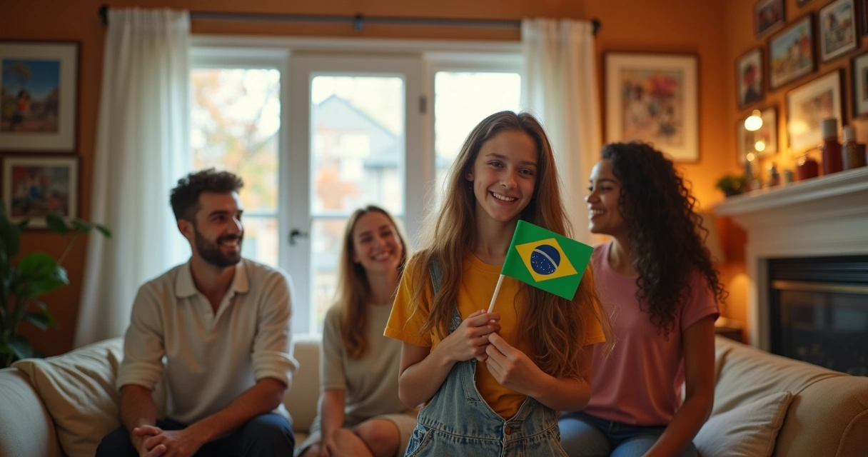 Jovem estrangeiro com família anfitriã em casa no exterior 