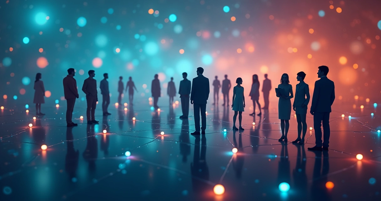 Fluxos coloridos conectando silhuetas humanas em um fundo abstrato, representando conexões sistêmicas.