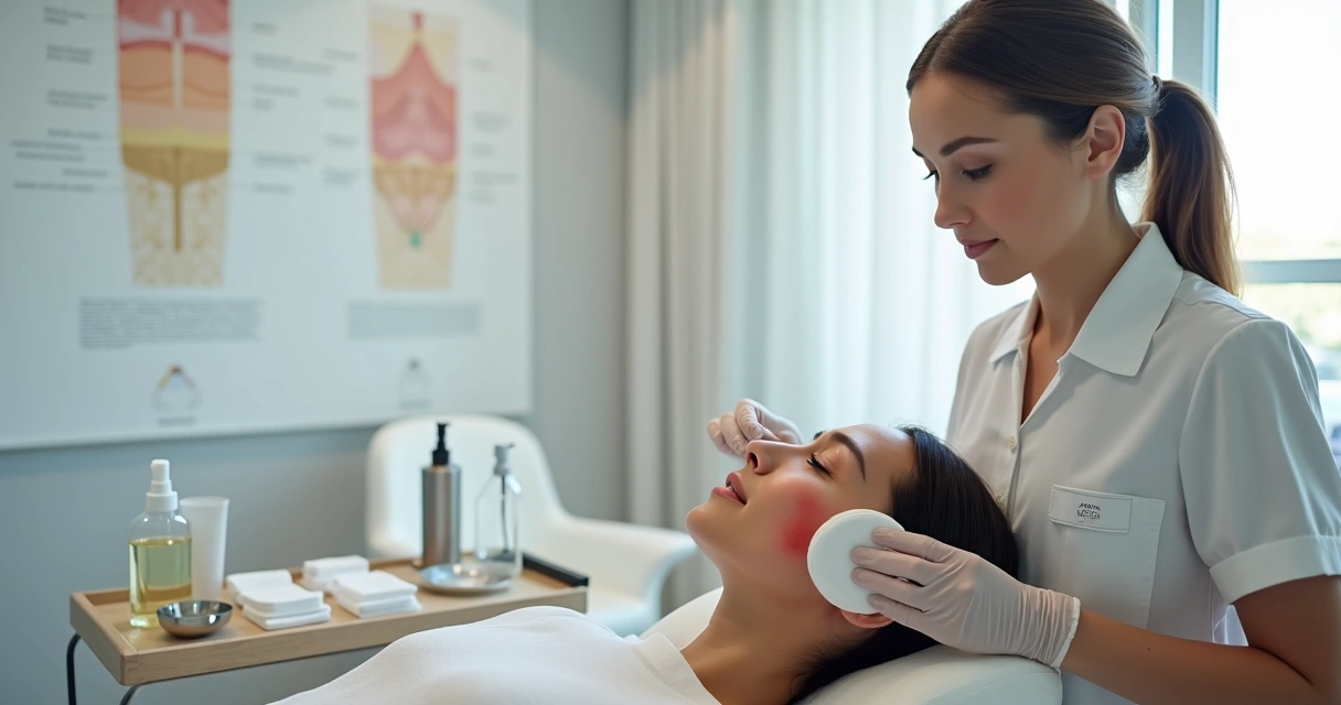 Dermatologista observando reação na pele de paciente após peeling químico 