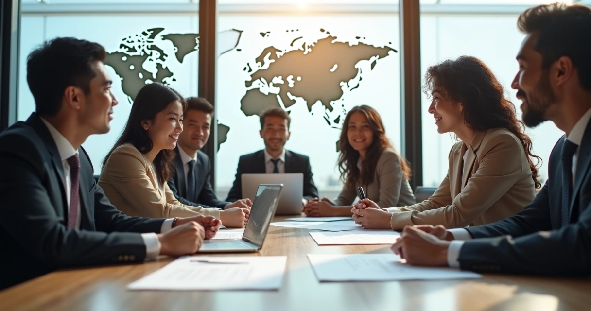Group of multinational employees sitting around a modern office table