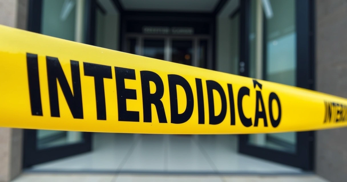 Fita de interdição do Corpo de Bombeiros em entrada de edifício. 